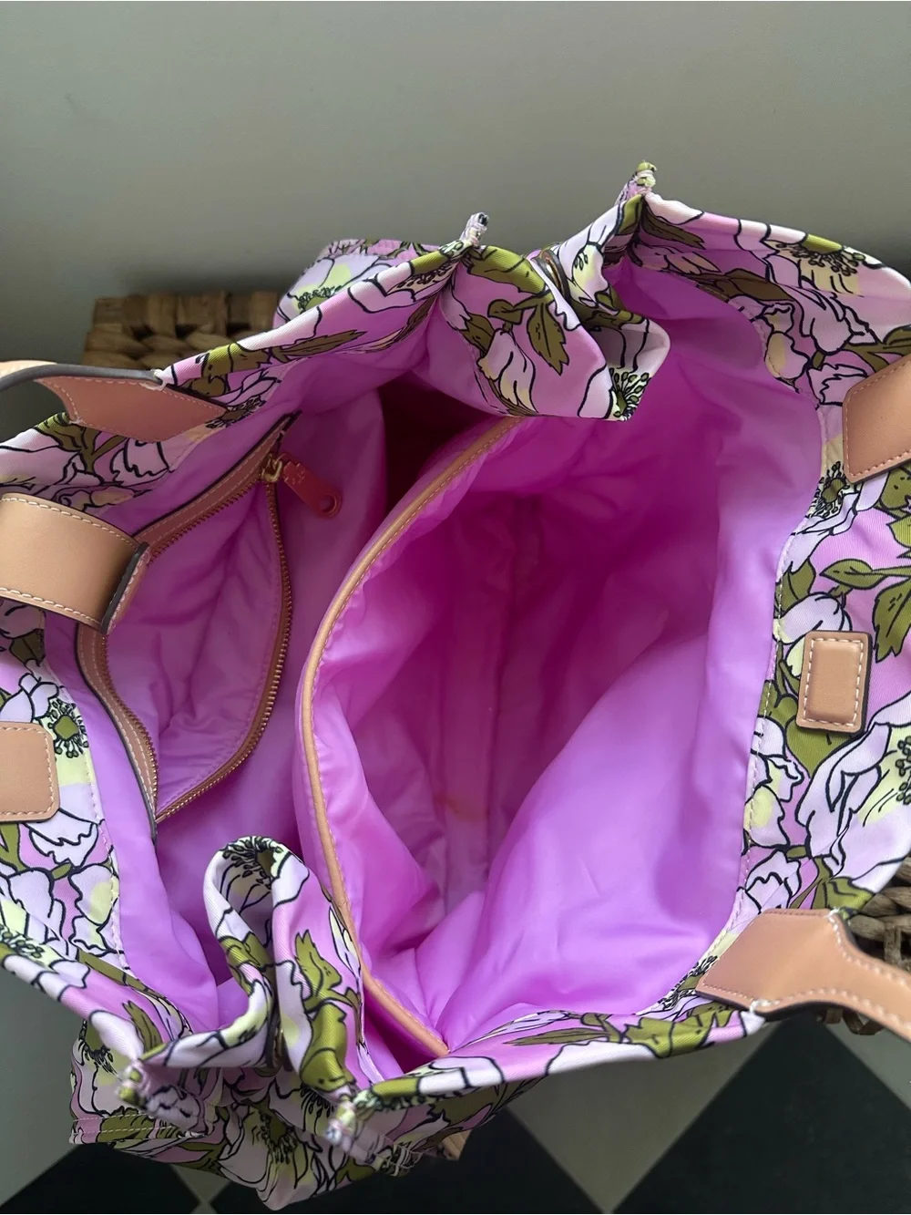 Tory Burch Pink Floral Tote with Tan Leather Accents